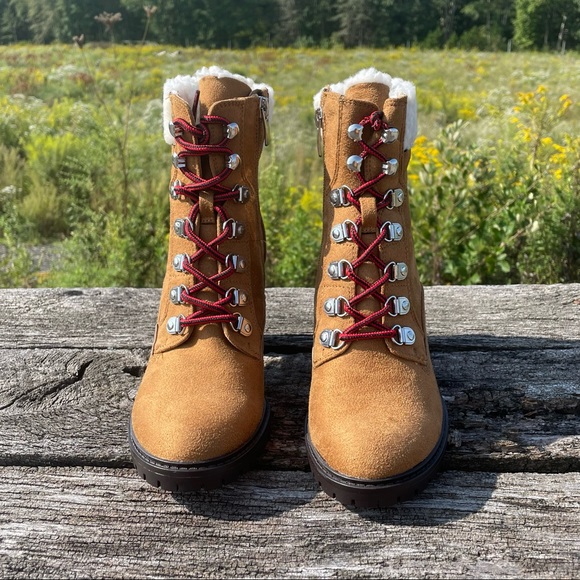 8 10 NWT Nine West tan chunk heel faux fur suede vegan moto combat boots - Picture 7 of 13